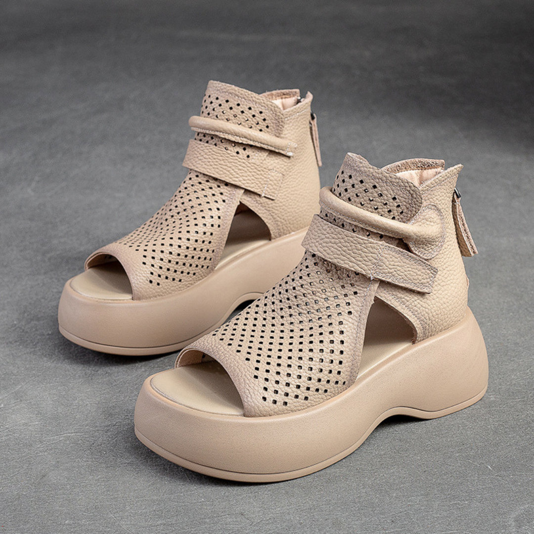 Amelia | Sandalias Plataforma Piel Perforadas Tobilleras Mujer