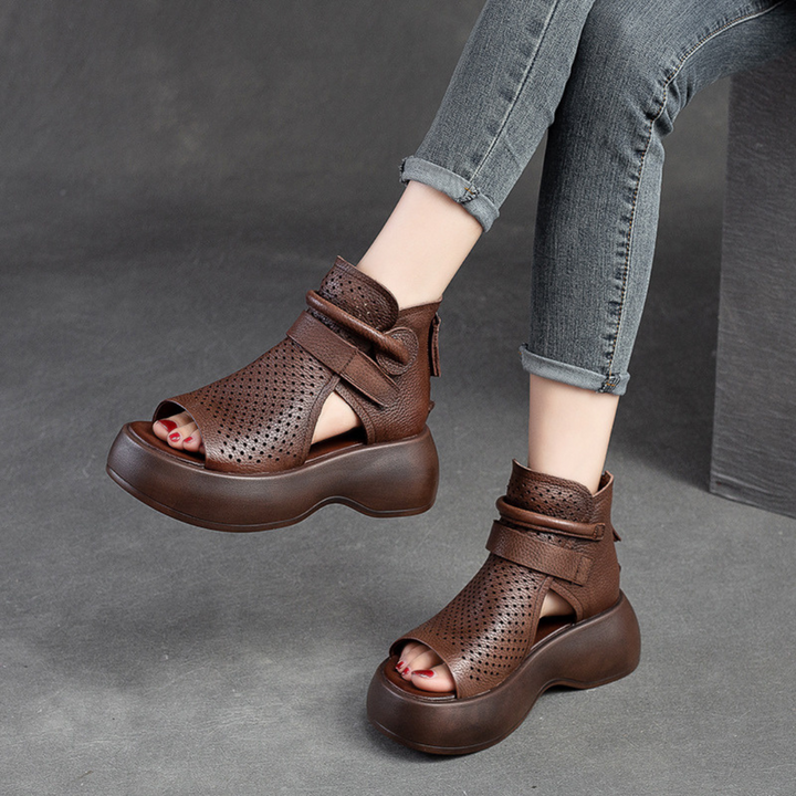 Amelia | Sandalias Plataforma Piel Perforadas Tobilleras Mujer