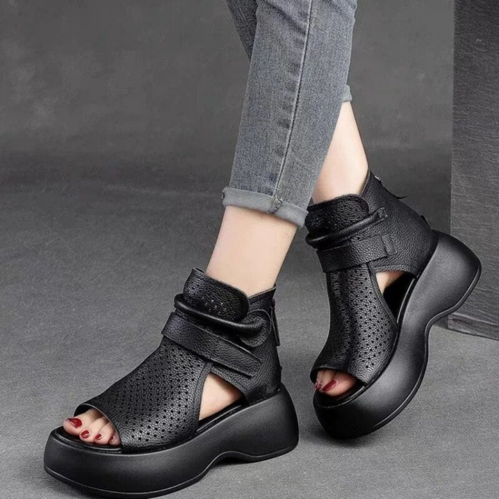 Amelia | Sandalias Plataforma Piel Perforadas Tobilleras Mujer