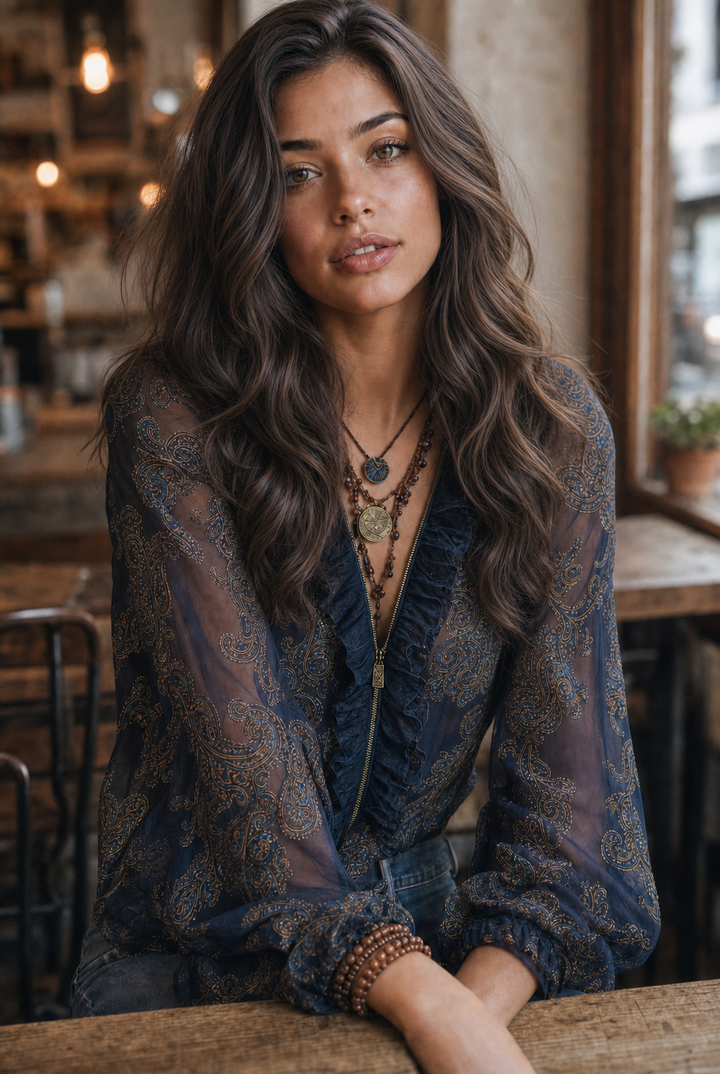 Ana | Blusa Chifón Paisley Cuello V Manga Larga