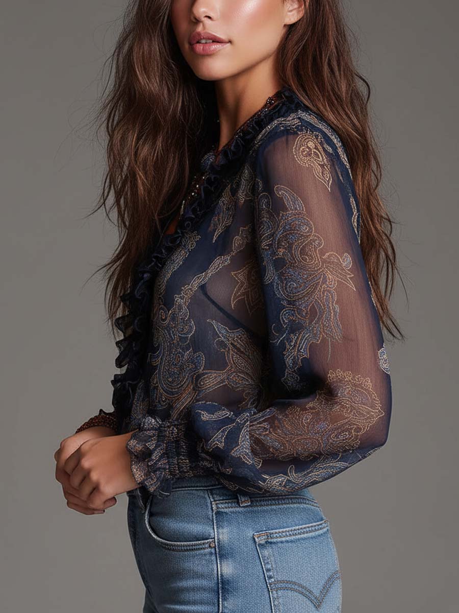 Ana | Blusa Chifón Paisley Cuello V Manga Larga