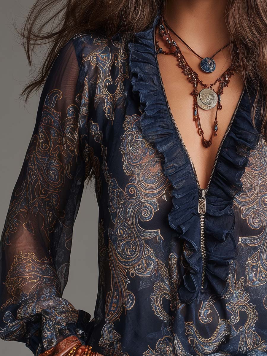 Ana | Blusa Chifón Paisley Cuello V Manga Larga