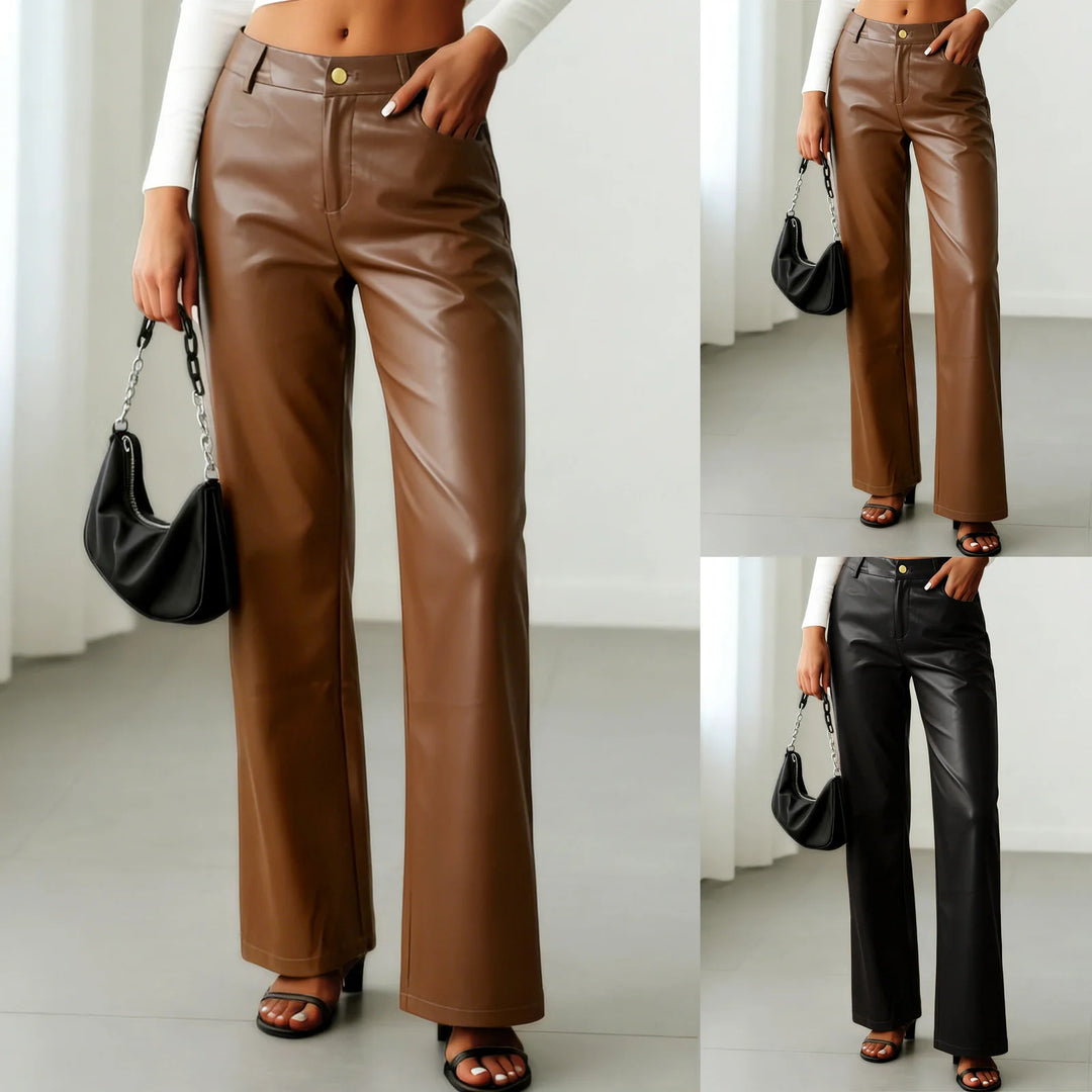 Andrea | Pantalones Mujer Cuero Sintético Pierna Ancha Cintura Alta