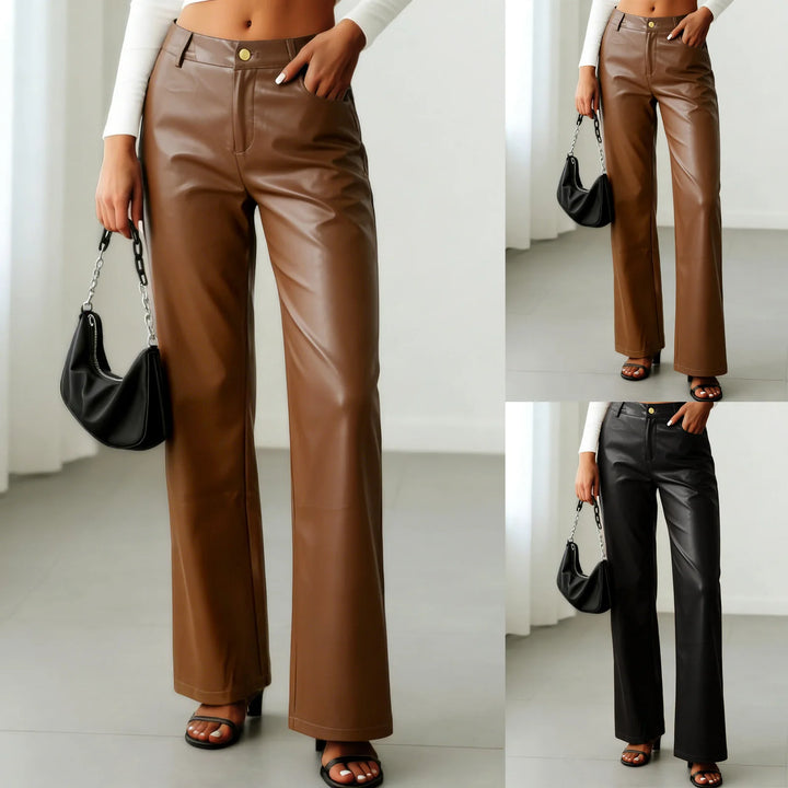 Andrea | Pantalones Mujer Cuero Sintético Pierna Ancha Cintura Alta