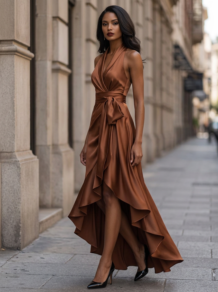 Andrea | Satinado Vestido de Fiesta Maxi Envolvente Fruncido