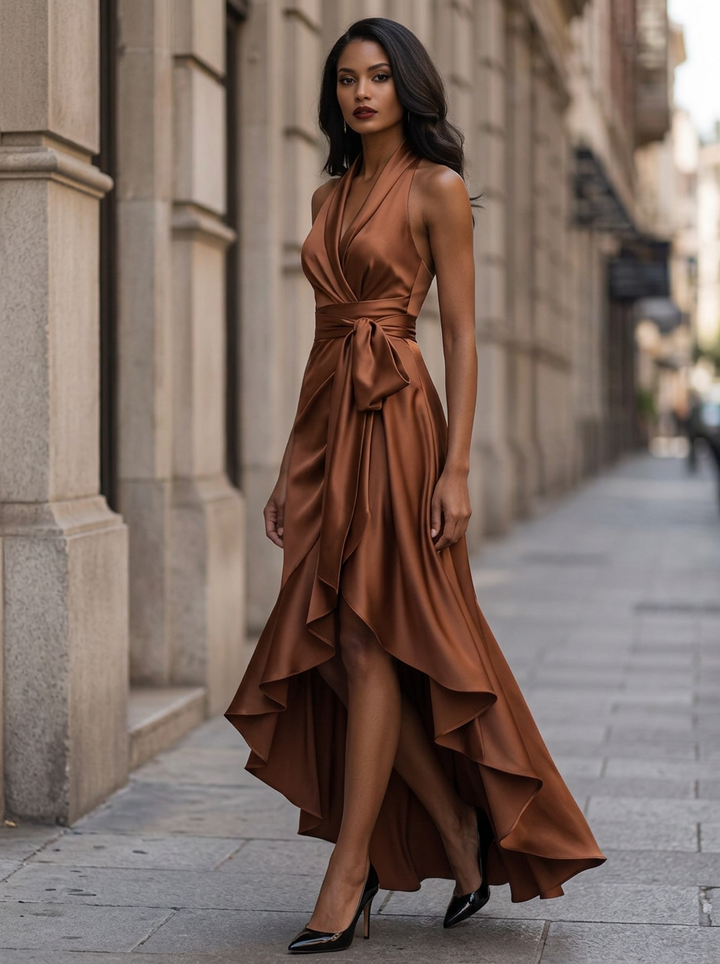 Andrea | Satinado Vestido de Fiesta Maxi Envolvente Fruncido