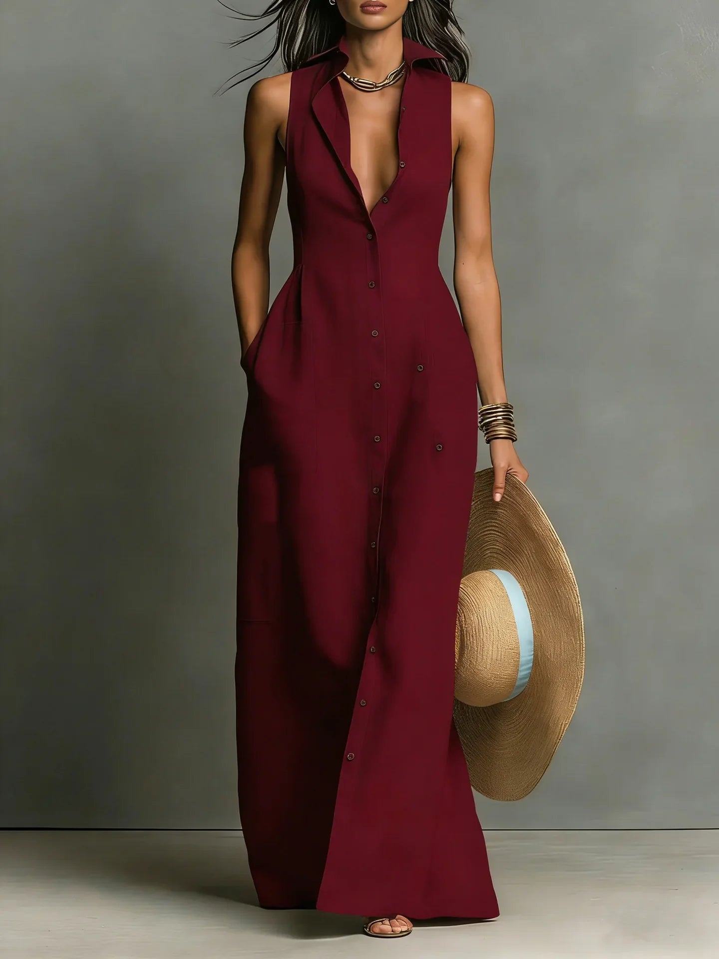 Andrea | Vestido Maxi Mujer Botones Sin Mangas