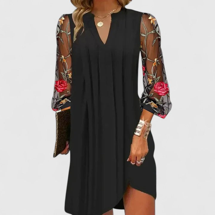 Andrea | Vestido Mujer Negro Manga Encaje Bordado