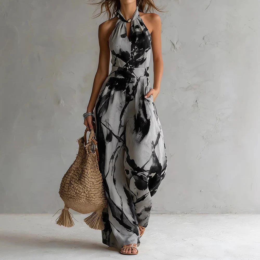Beatriz | Mono de Lino Estampado Pierna Ancha Halter