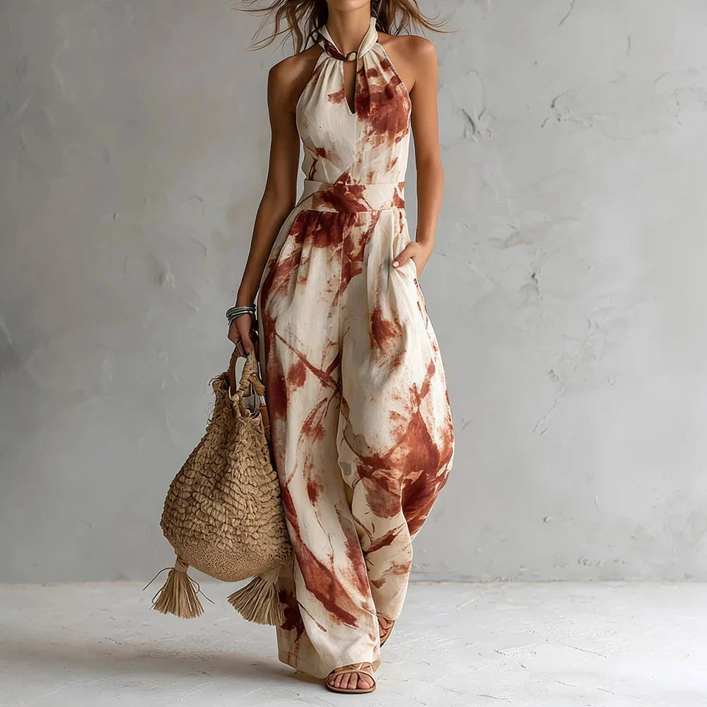 Beatriz | Mono de Lino Estampado Pierna Ancha Halter