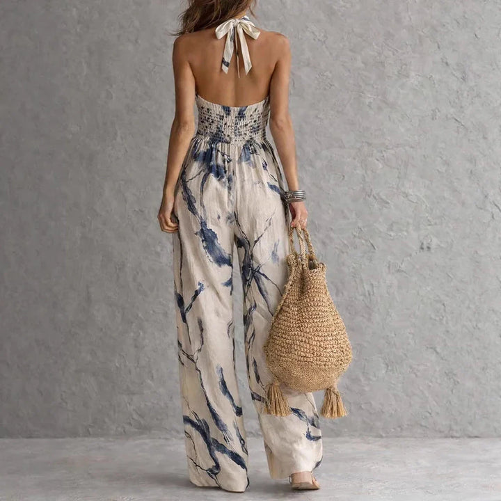 Beatriz | Mono de Lino Estampado Pierna Ancha Halter