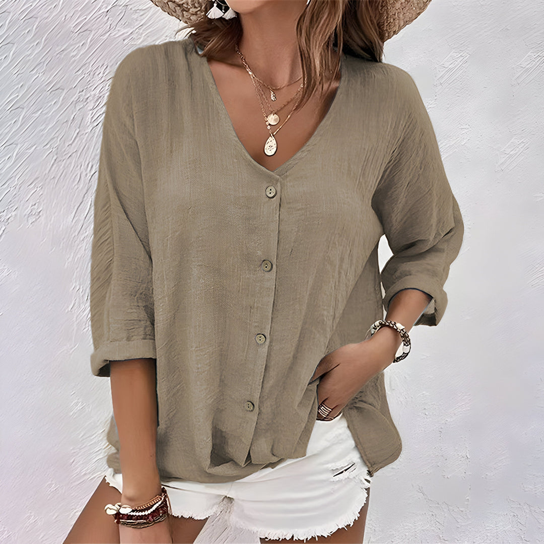 Belén | Blusa Relax Abertura en V Manga Larga con Botones