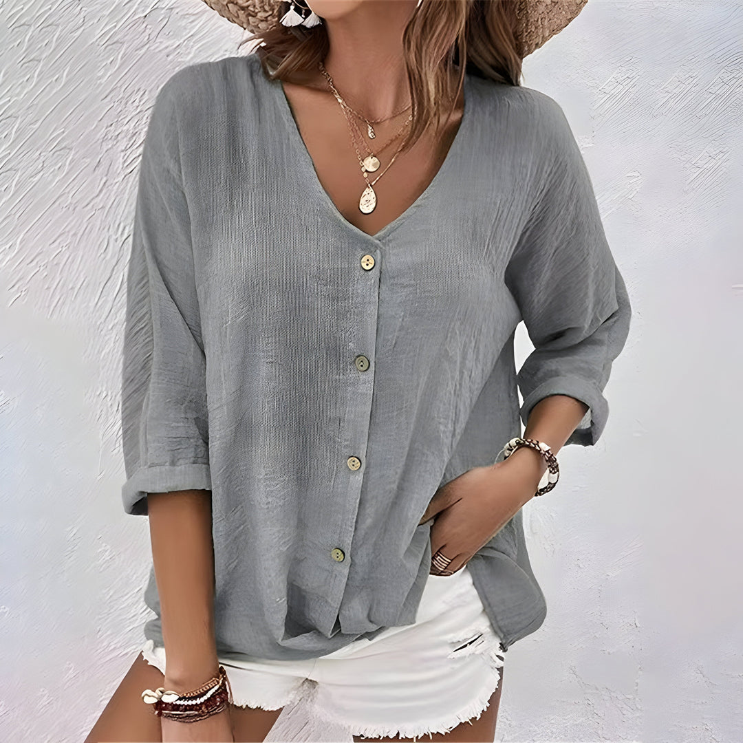 Belén | Blusa Relax Abertura en V Manga Larga con Botones