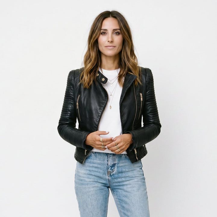 Belén | Chaqueta Biker Cuero Mujer Cremallera Dorada