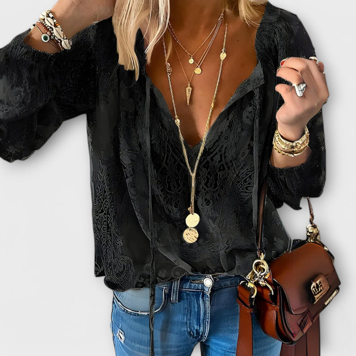 Camila | Blusa Manga Larga Cuello Lazo Volante