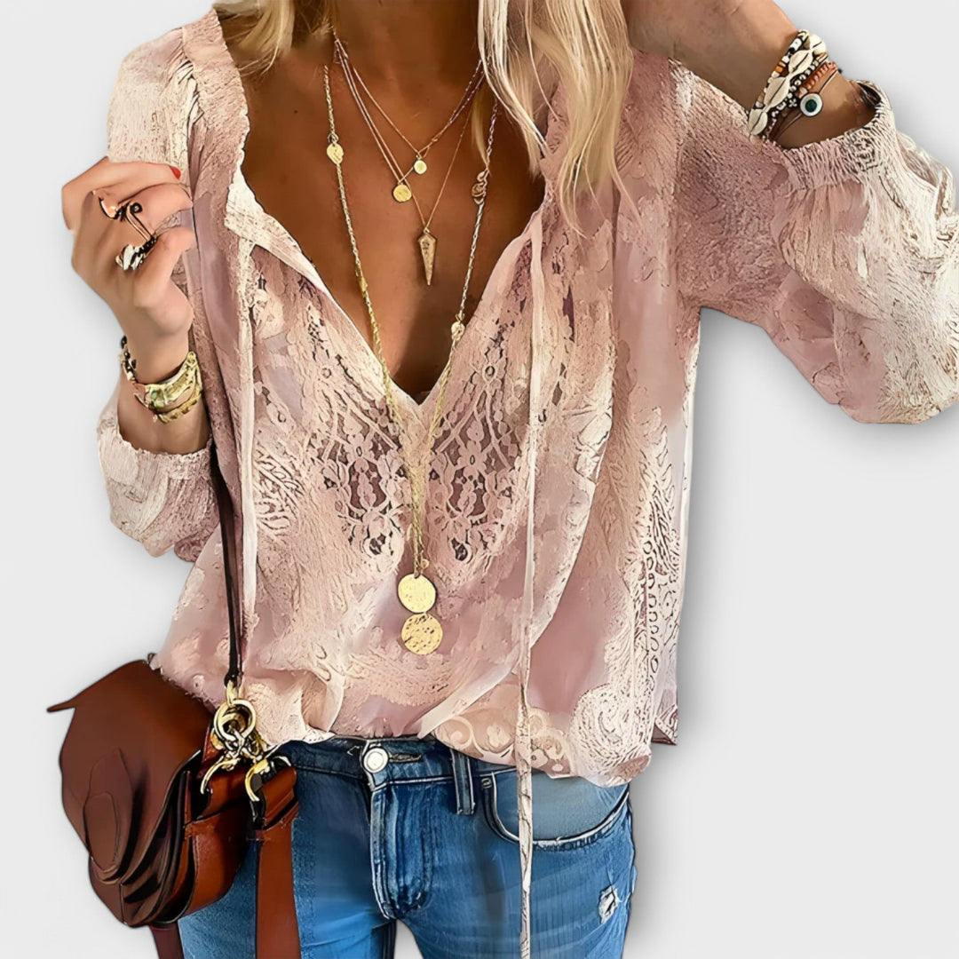 Camila | Blusa Manga Larga Cuello Lazo Volante