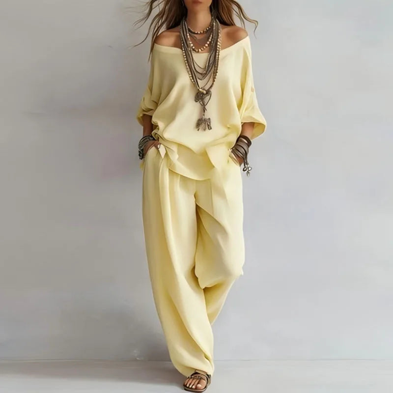 Camila | Conjunto Lino Hombro Descubierto Pockets Pantalón Ancho