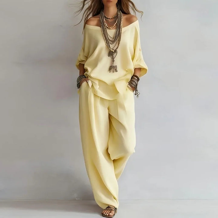 Camila | Conjunto Lino Hombro Descubierto Pockets Pantalón Ancho