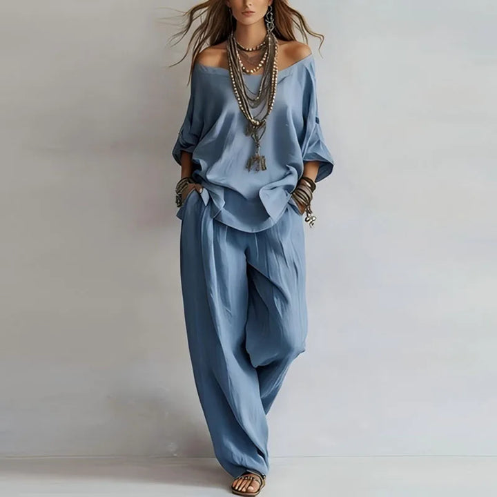 Camila | Conjunto Lino Hombro Descubierto Pockets Pantalón Ancho