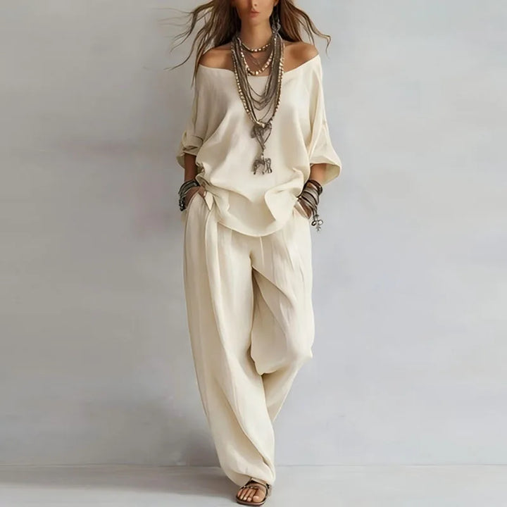 Camila | Conjunto Lino Hombro Descubierto Pockets Pantalón Ancho
