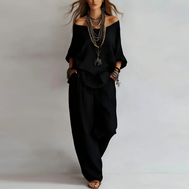 Camila | Conjunto Lino Hombro Descubierto Pockets Pantalón Ancho