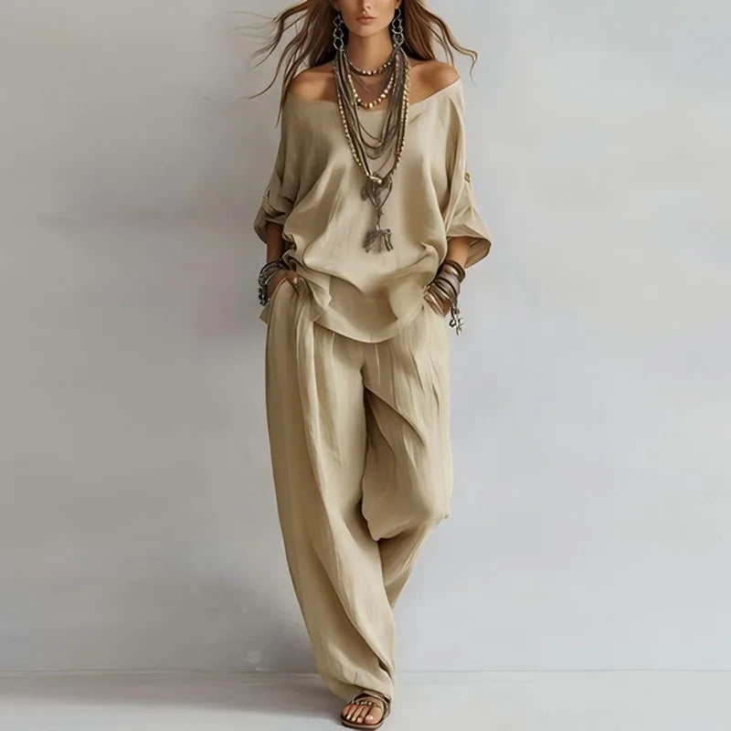 Camila | Conjunto Lino Hombro Descubierto Pockets Pantalón Ancho