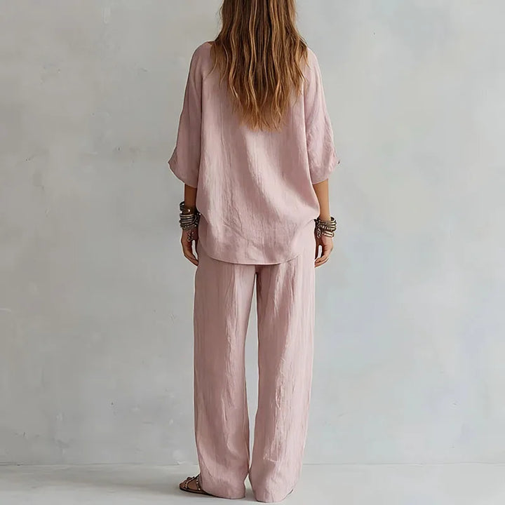 Camila | Conjunto Lino Hombro Descubierto Pockets Pantalón Ancho
