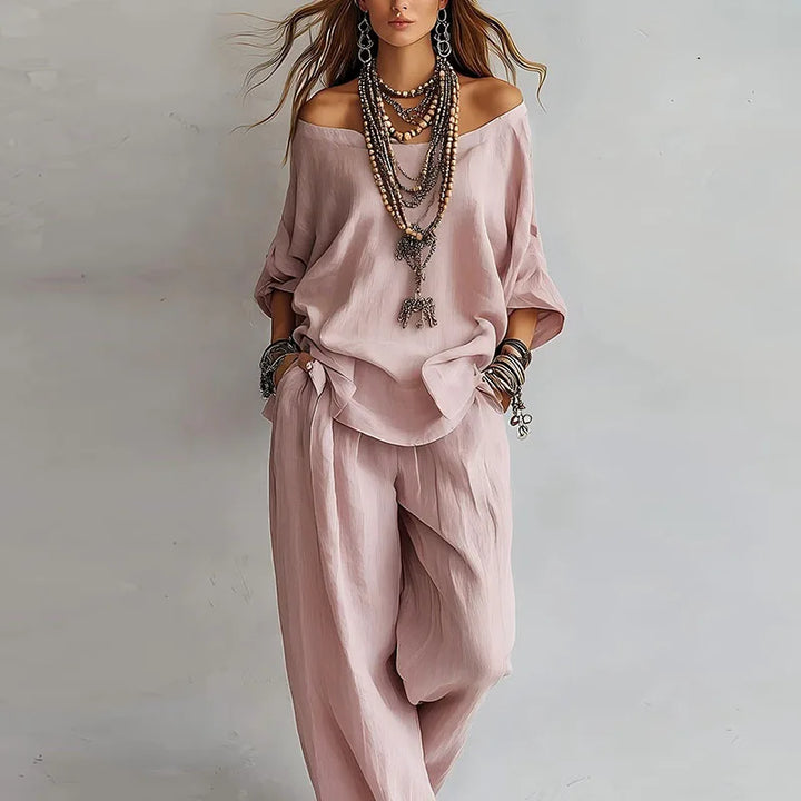 Camila | Conjunto Lino Hombro Descubierto Pockets Pantalón Ancho