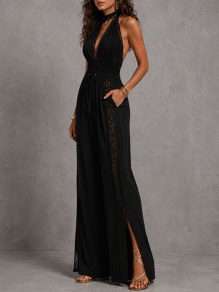 Camila | Mono Halter Escote Profundo Pernera Ancha con Bolsillos
