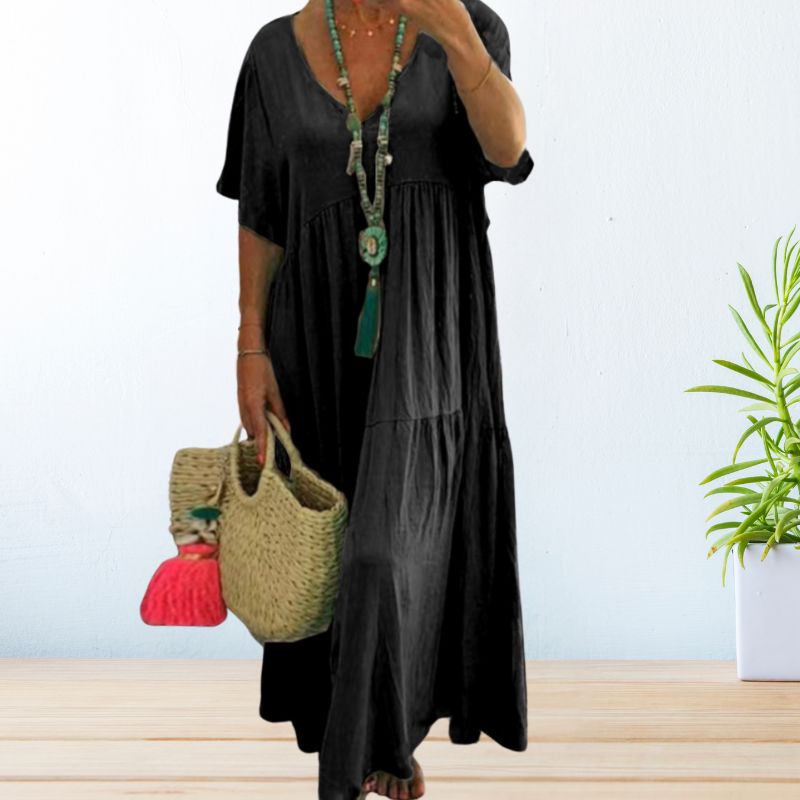 Camila | Vestido Mujer Maxi Negro Manga Corta