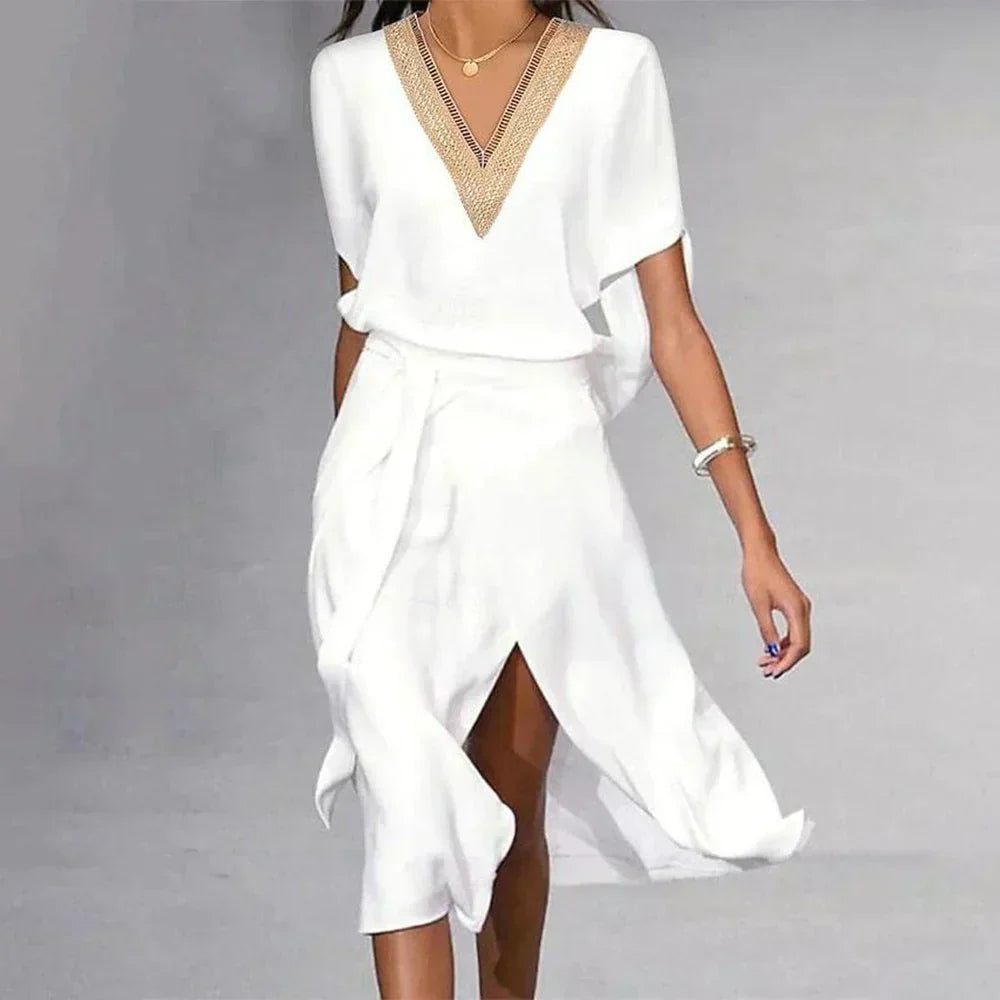 Carla | Vestido Blanco Midi Escote V Mujer