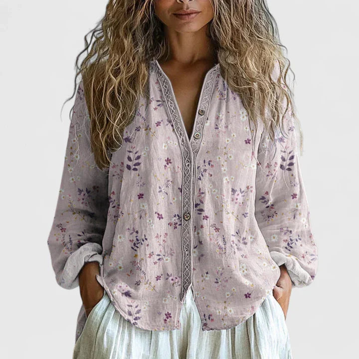 Carmen | Blusa Floral Cuello V Mangas Largas Túnica Botones