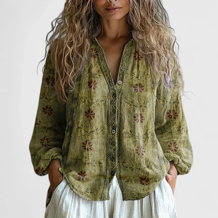 Carmen | Blusa Floral Cuello V Mangas Largas Túnica Botones