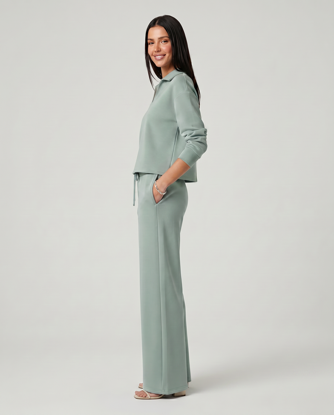 Carmen | Conjunto Punto Mujer Cuello V Mangas Largas Pantalón Ancho
