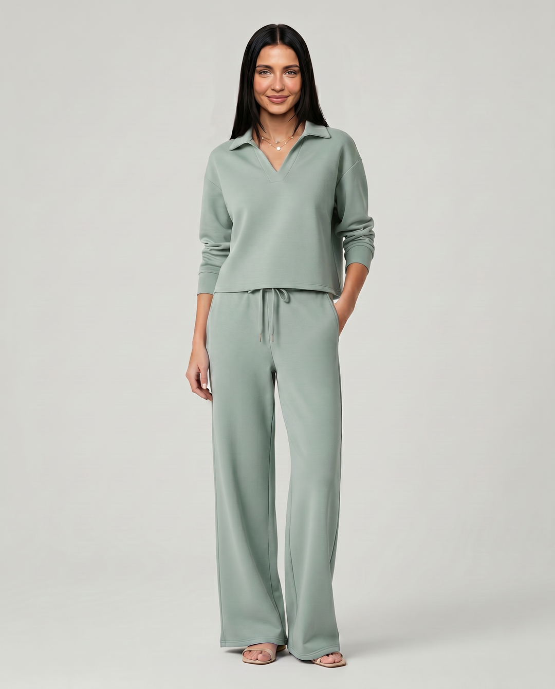 Carmen | Conjunto Punto Mujer Cuello V Mangas Largas Pantalón Ancho