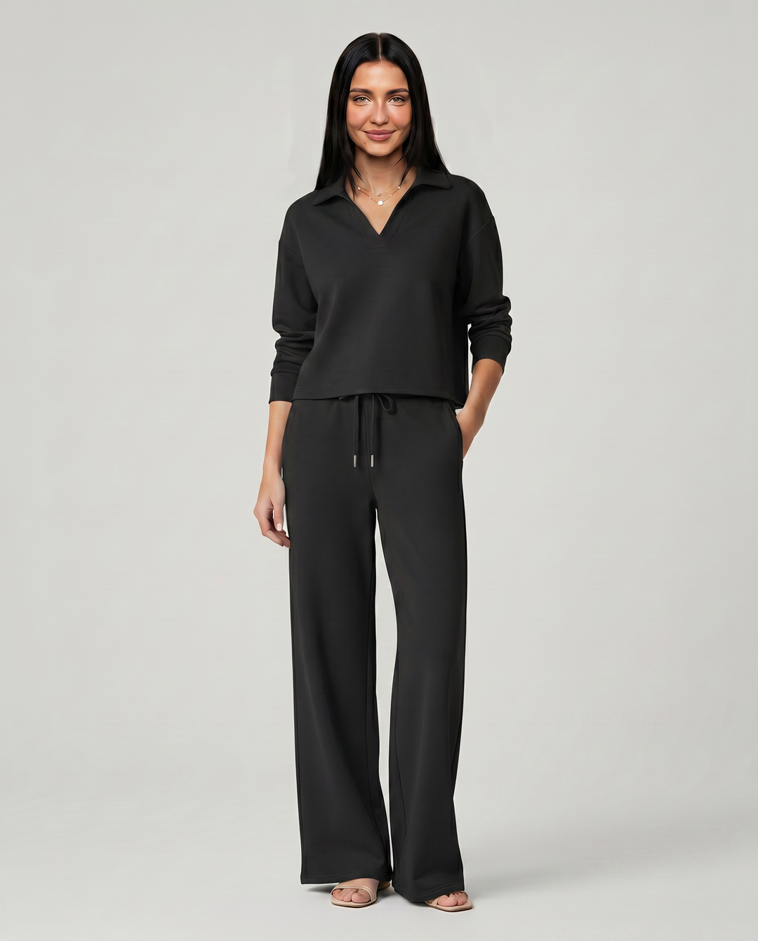 Carmen | Conjunto Punto Mujer Cuello V Mangas Largas Pantalón Ancho