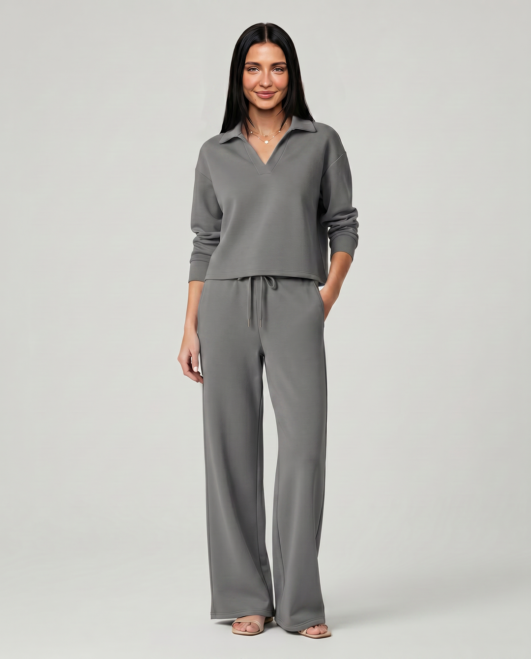 Carmen | Conjunto Punto Mujer Cuello V Mangas Largas Pantalón Ancho