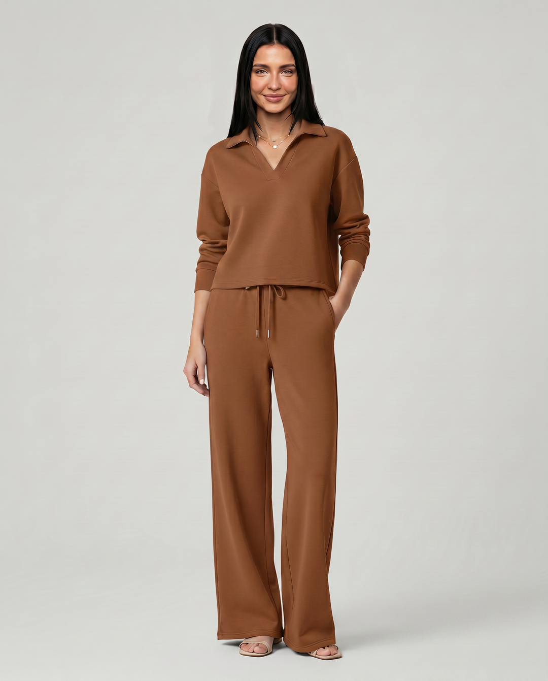 Carmen | Conjunto Punto Mujer Cuello V Mangas Largas Pantalón Ancho