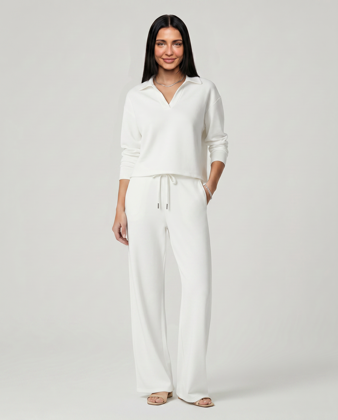 Carmen | Conjunto Punto Mujer Cuello V Mangas Largas Pantalón Ancho