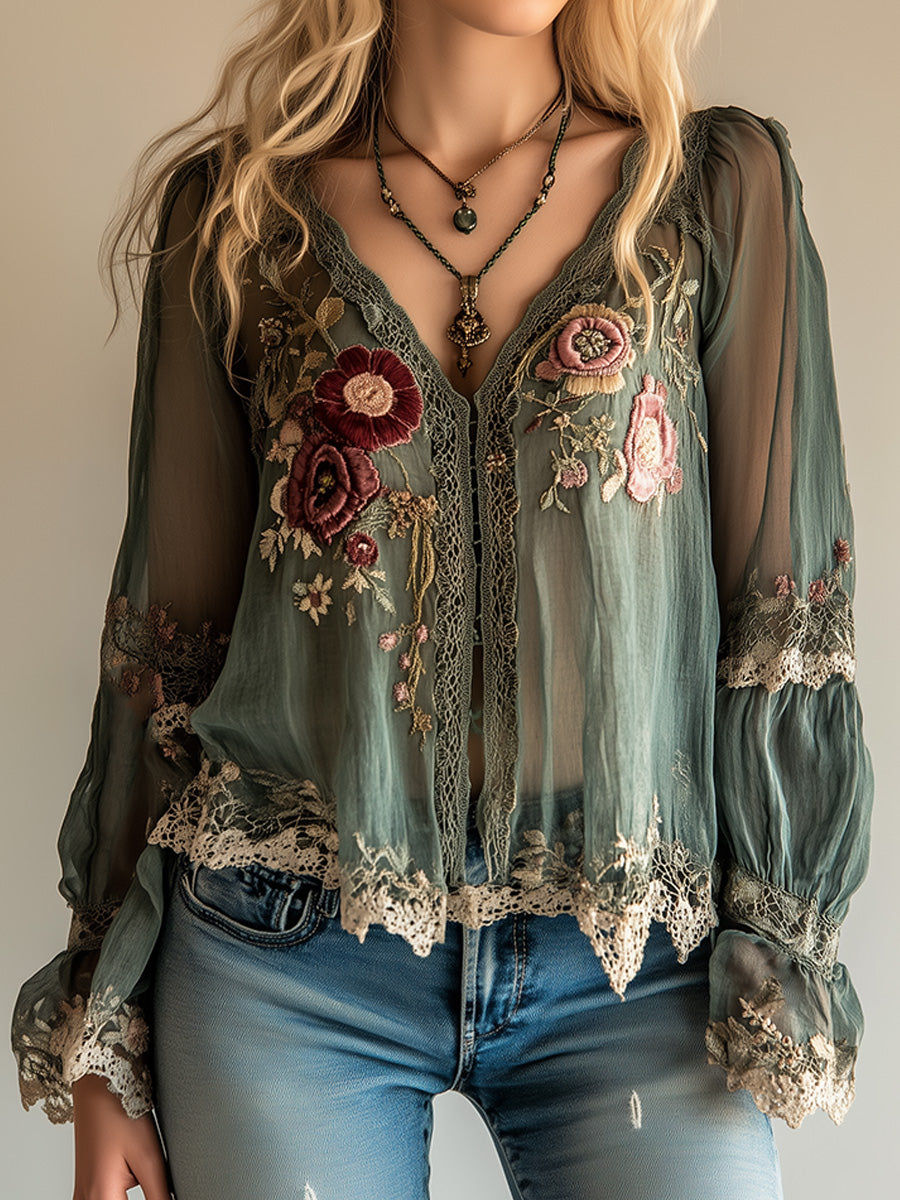 Celia | Blusa Mujer Bordado Floral Encaje