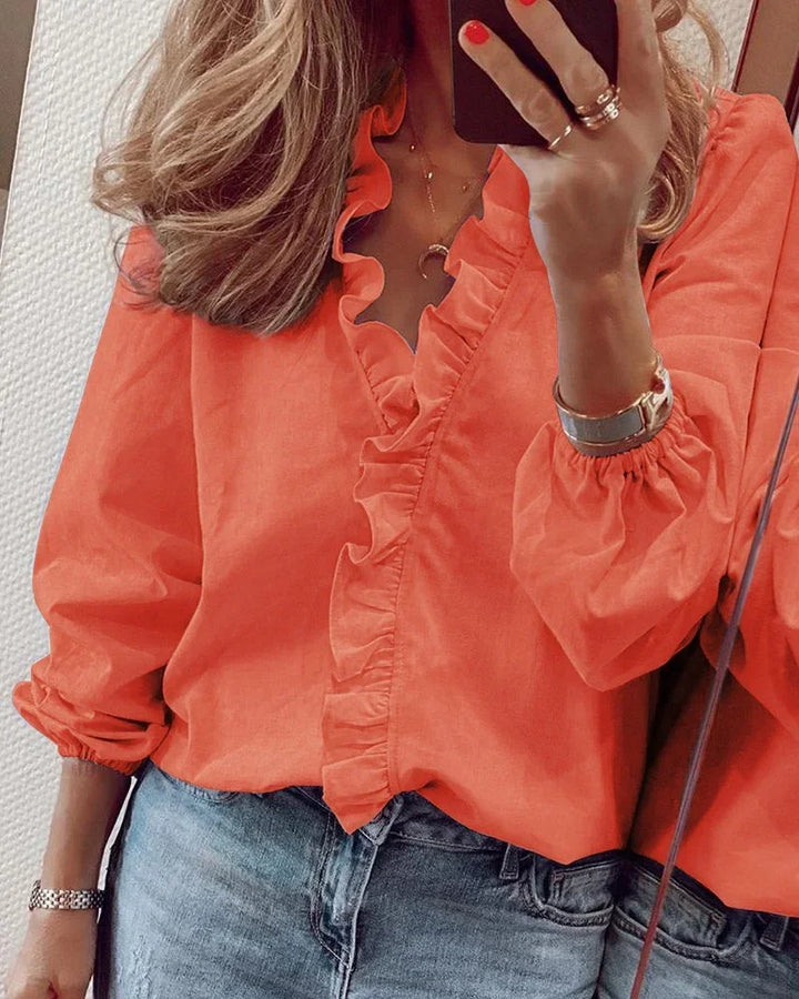 Celia | Blusa de Volantes Manga Larga Cuello V Holgada Casual