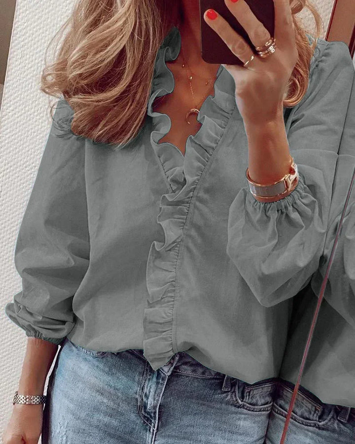 Celia | Blusa de Volantes Manga Larga Cuello V Holgada Casual