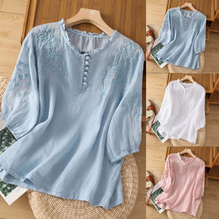 Claudia | Blusa Blanca Bordada Manga Larga Cuello Volante