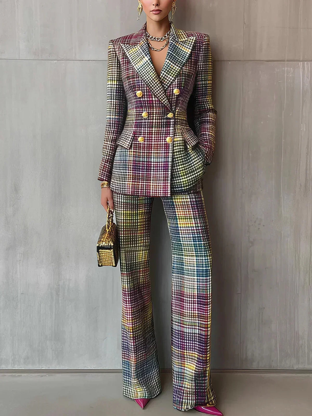 Claudia | Traje Mujer Chaqueta Cruzada Pantalón Cuadros