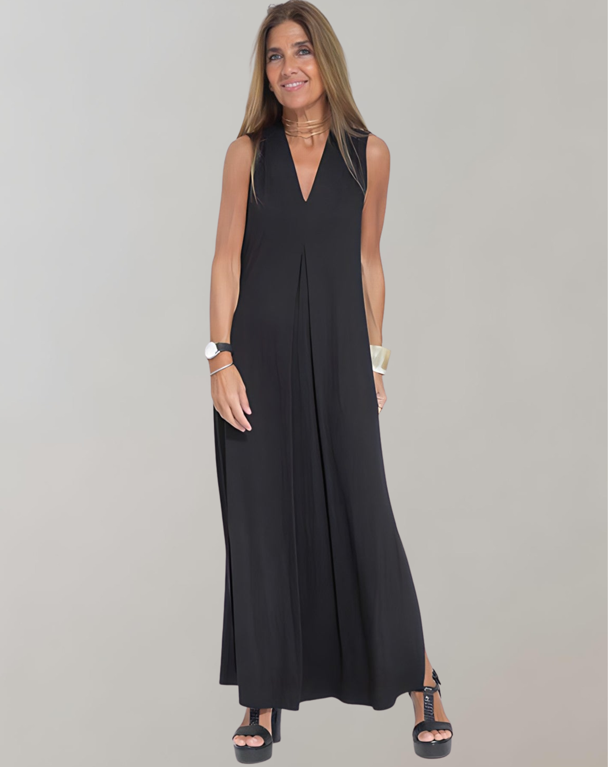 Claudia | Vestido Maxi Negro Escote V Mujer