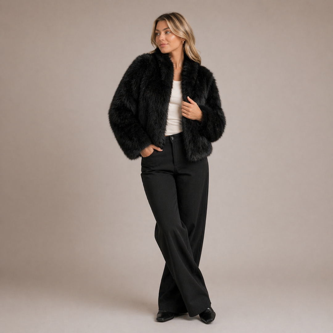 Cristina | Chaqueta Corta de Pelo Sintético Mujer Sin Cuello