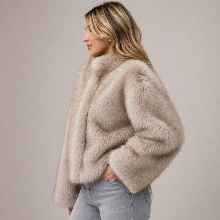 Cristina | Chaqueta Corta de Pelo Sintético Mujer Sin Cuello