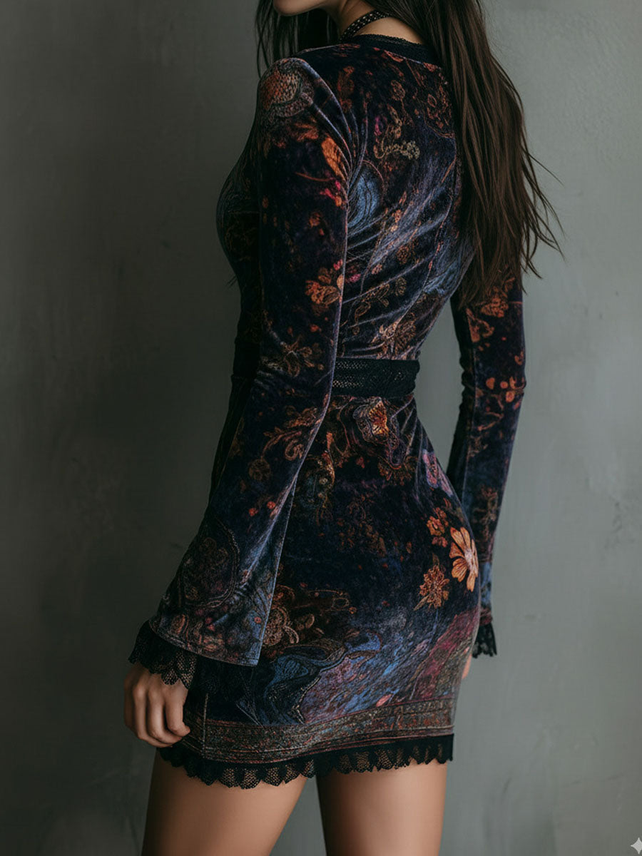 Cristina | Vestido Mini Mujer Terciopelo Floral Encaje