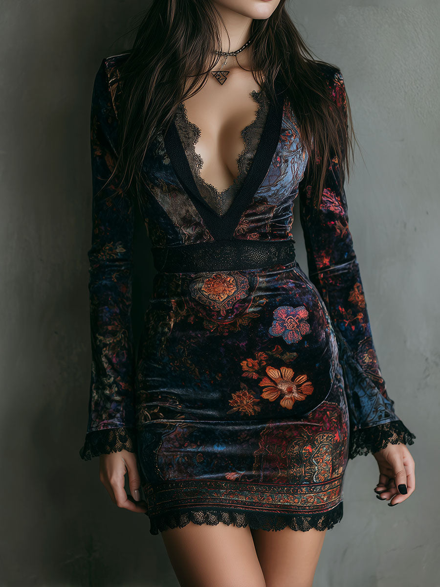 Cristina | Vestido Mini Mujer Terciopelo Floral Encaje