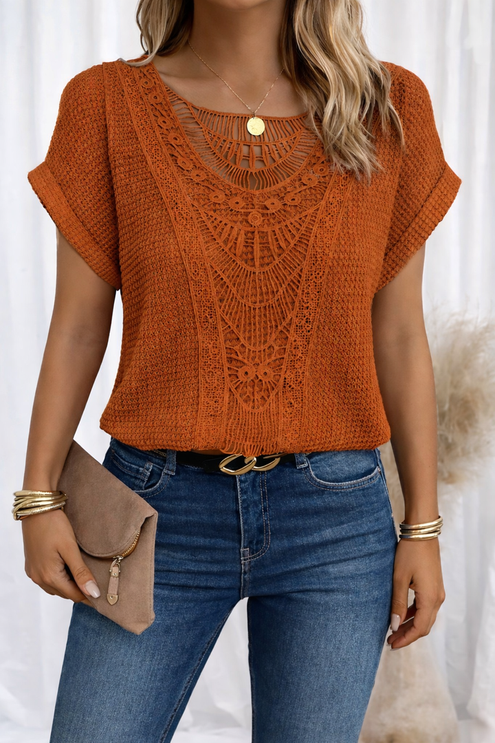 Daniela | Blusa Manga Corta Cuello V Encaje Bordado